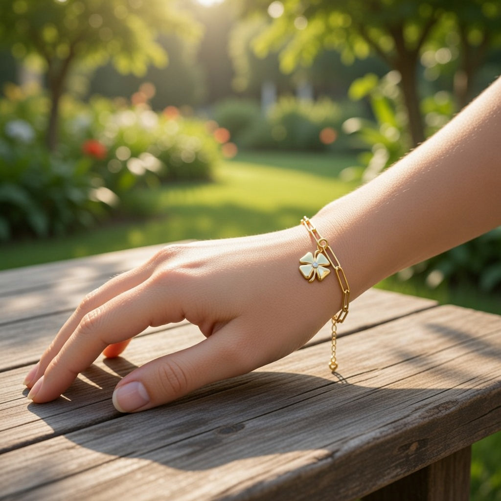 SUTRĀ Four Leaf Clover Charm styled on a bracelet handcrafted in premium 925 sterling silver with 1 micron gold plating Hand wearing sutra four leaf clover charm on a wooden table in a garden setting