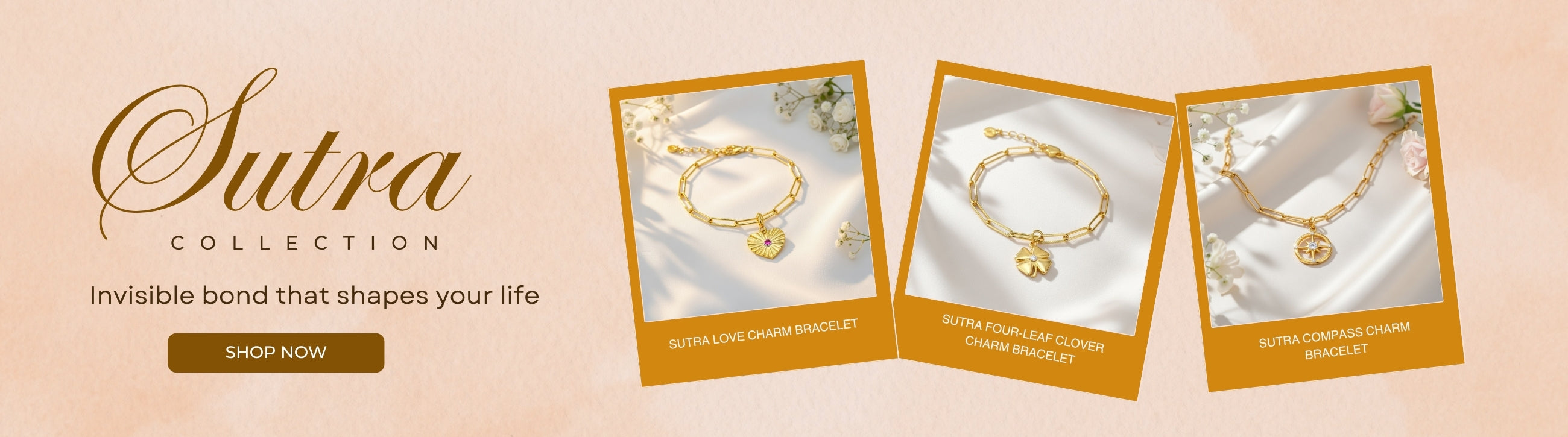 Homepage banner showcasing NIVI's Sutra Collection featuring handcrafted charm jewellery in 925 sterling silver with one-micron gold plating. The banner displays a love charm bracelet, four-leaf clover charm bracelet, and compass charm bracelet on a soft peach background with the message "Invisible bond that shapes your life."