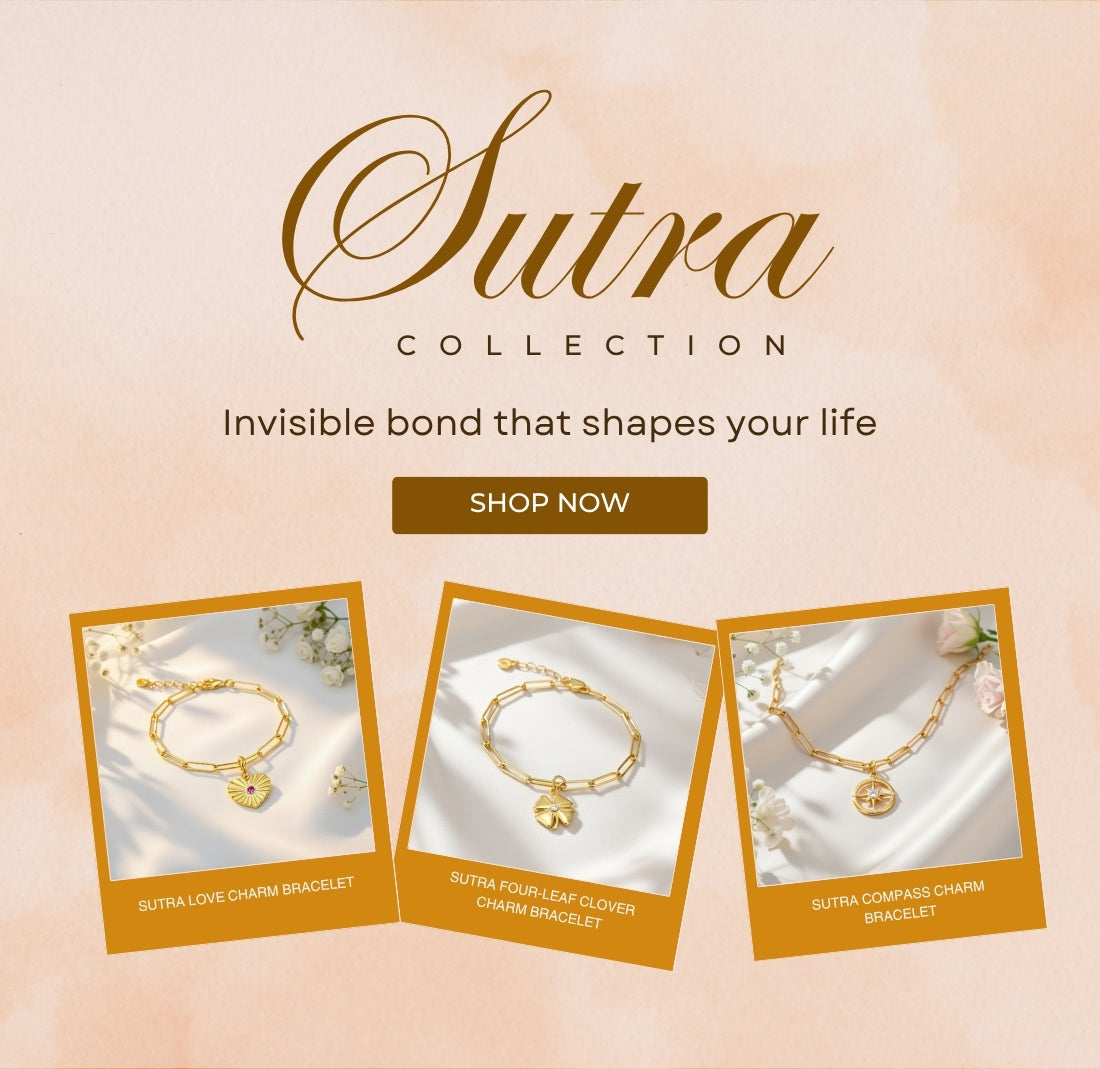 Homepage banner showcasing NIVI's Sutra Collection featuring handcrafted charm jewellery in 925 sterling silver with one-micron gold plating. The banner displays a love charm bracelet, four-leaf clover charm bracelet, and compass charm bracelet on a soft peach background with the message "Invisible bond that shapes your life." MOBILE VERSION